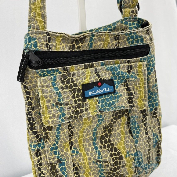 Kavu Canvas Crossbody Purse Snakeskin Pattern Teal Khaki Beige Black Small - Picture 3 of 6